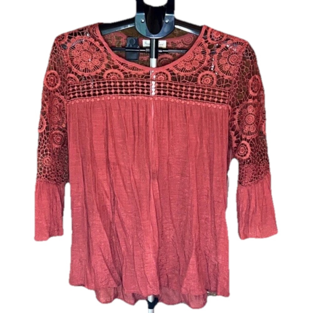 Indigo Rose Size 2X Crochet Lace Rust Color Semi Sheer 3/4 Sleeve Womens Top NWT
